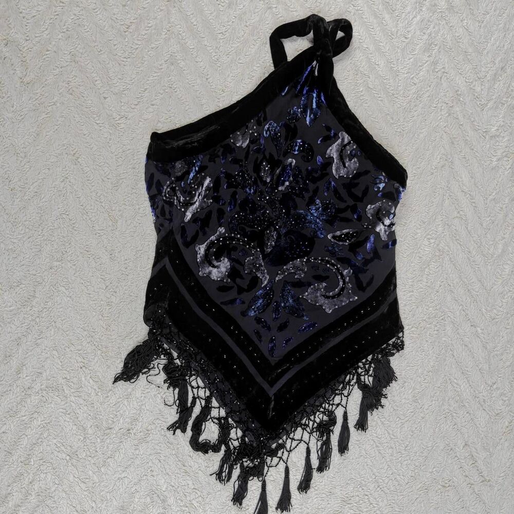 Y2K Black Silk Velvet Beaded Fairygoth Halter Top - Picture 2 of 7